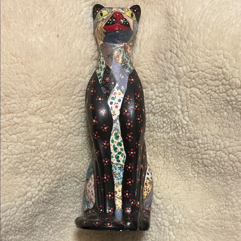 Handcrafted Multicolor Cat Figurine Signed “BAS 709”